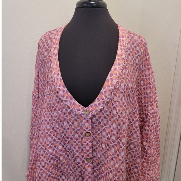 Intimately Free People Oversized Buttondown Blouse Pink Geo Print Linen Blend S - Picture 5 of 12